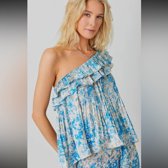 441. Mystree Blue Floral One Shoulder Ruffle Top New Item - Picture 3 of 9